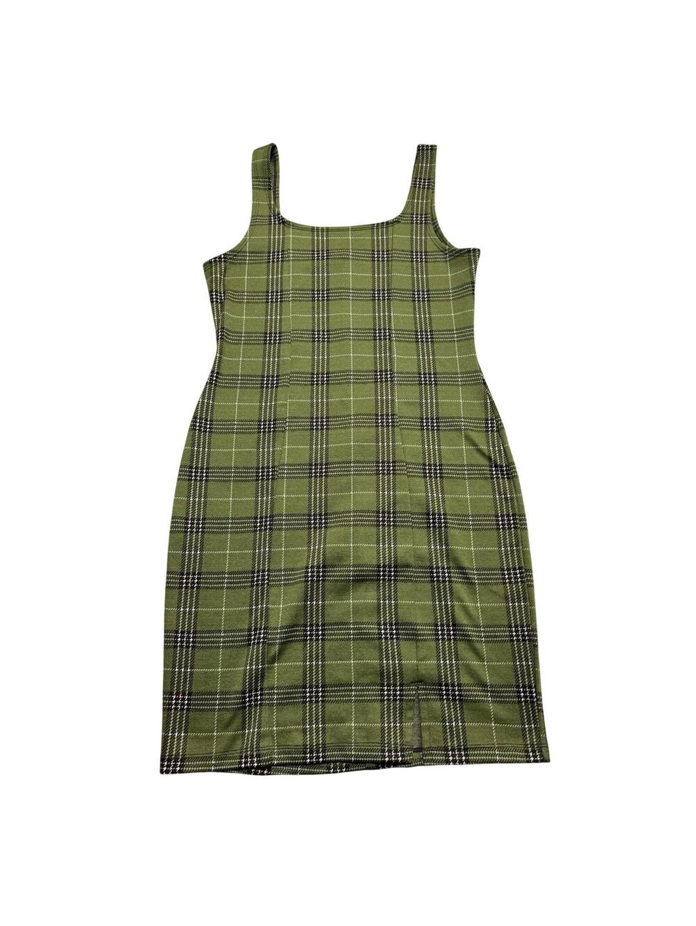Popular Basics Green Plaid Bodycon Dress Womens Size L Sleeveless Stretch Casual